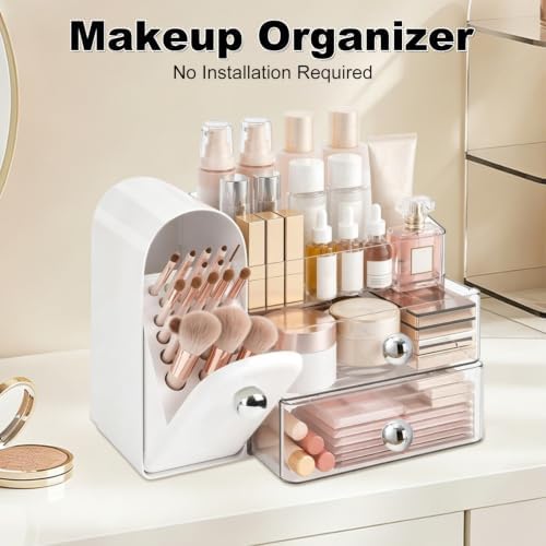 Makeup Organizer with Makeup Brush Holder, Vanity Organizer Large Cosmetic Display Cases, Skincare Organizers and Bathro