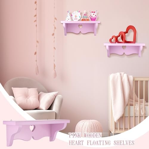 2 PCS Pink Heart Floating Shelves Kawaii Decorative Wooden Shelf Wall Mounted Storage Rack Book Stand for Princess Room 