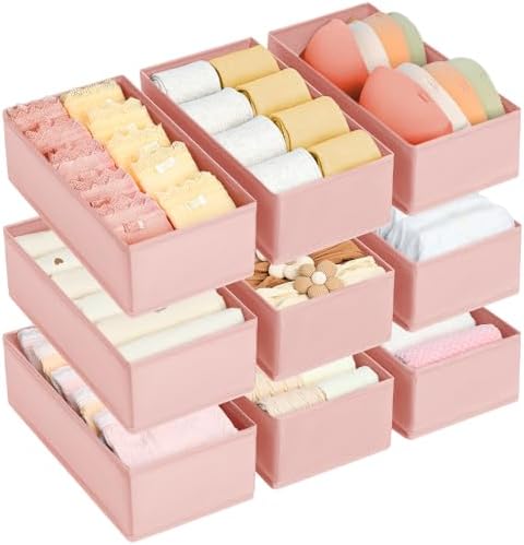 DIMJ Drawer Organizer for Clothes - Underwear, Sock, Closet, and Dresser Storage Box - Dividers for Baby Clothes, Bra, Socks, Belt, Tie - Set of 9, Pink