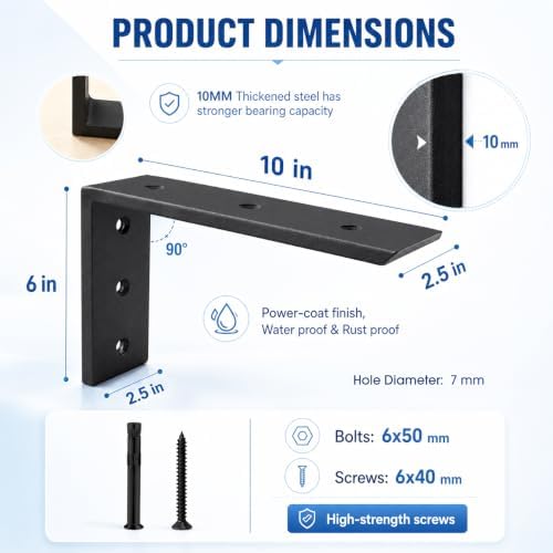 WINKER Countertop Support Bracket 1 Pack Heavy Duty 3/8" Thick Hidden L Shelf Bracket 10" x 6" x 2.5" Metal Corbels for 