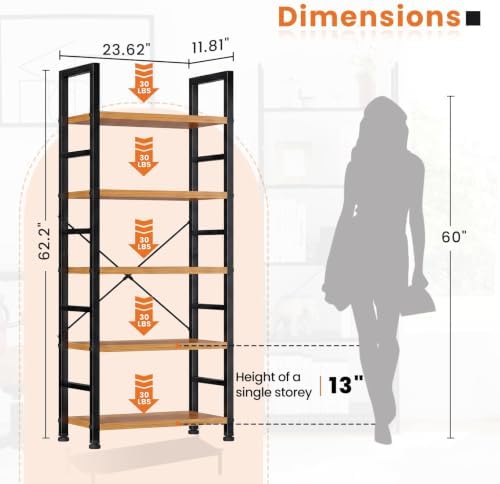 Sweetcrispy 5 Tier Bookshelf, Bookcase Shelf Storage Organizer, Wood