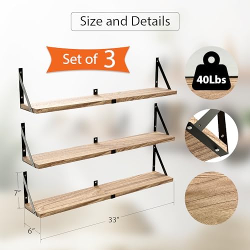 Floating Book Shelves Set of 3, Wall Bookshelf, 33 inch Long Wood Shelf for Wall Storage, Hanging Shelving for Bedroom, 