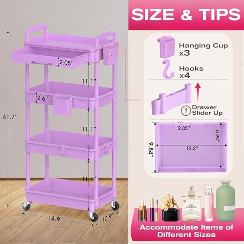 Goovilla Rolling Makeup Organizer Cart with Removable Drawer, 4 Tier Purple
