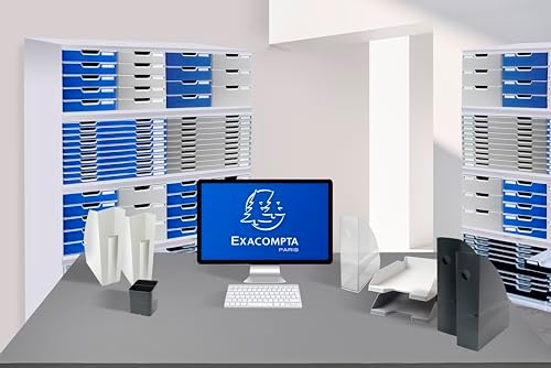 Exacompta - Ref 310003D - BIG-BOX Desktop Drawer Set - 4 x 55mm Drawers, Suitable for A4+ Documents, 347 x 278 x 267mm, 100% Recycled Plastic - Light Grey/Blue
