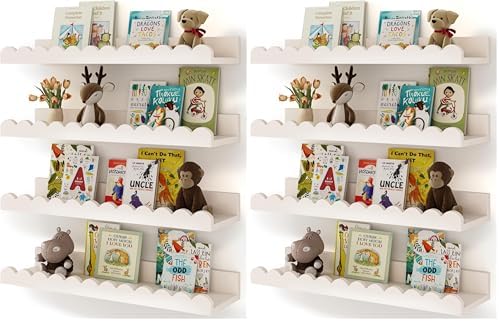 Shario Nursery Book Shelves, 8-Pack White Floating Shelves for Wall Kids, Scalloped Shelves, Wall Book Shelves for Bedro