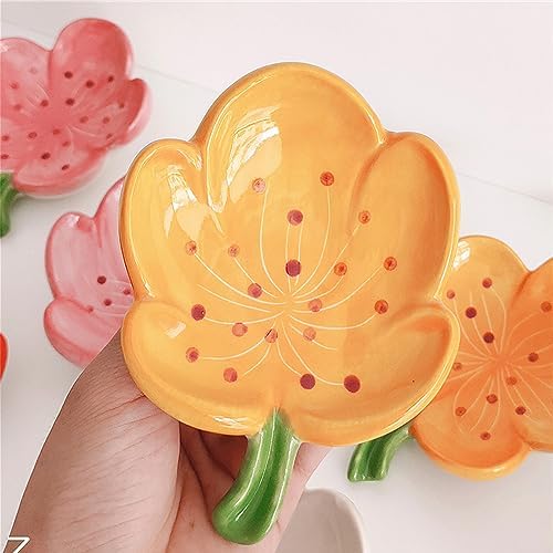 Self-Draining Soap Dish Flower Shaped Cute Shower Soap Container for Kitchen, Bathroom, Bedroom, Tulip, Orange