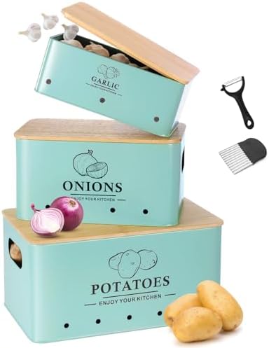 Kitchen Vegetable Storage Set of 3, Metal Onion Garlic Potato Storage Set, Kitchen Canisters Vegetable Keeper Containers