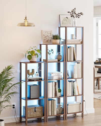 Open Book Shelf with LED Lights, 5 Tier Tall Bookshelf, Freestanding Shelf Narrow Bookcase with Open Shelves, 14.96" x 1