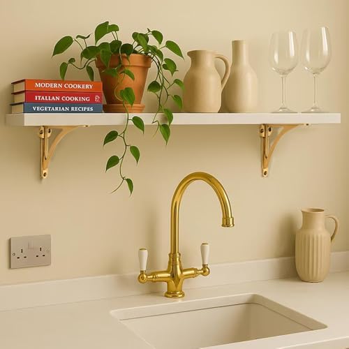 Khtumeware 100% Solid Brass Decorative Shelf Brackets, 4.5-inch Wall-Mounted Shelving Brackets, 2-Pack Antique Brass Vin
