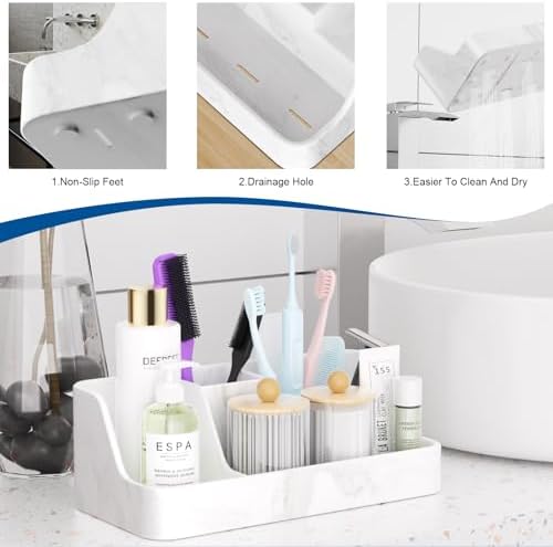 Marble Bathroom Countertop Organizer - Silicone Bathroom Vanity Countertop Organizer - Tooth Brush Organizer With 2PCS Q