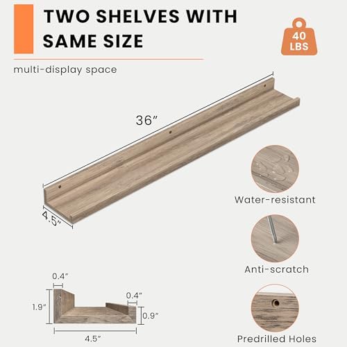 Heimlove Picture Ledge Shelf, Floating Shelves Set of 2, 35.43Inches Picture Shelf for Wall with Ledge, Kids Bookshelf Wall Mounted for Living Room Bedroom Decor Books Photo Frames - Gray