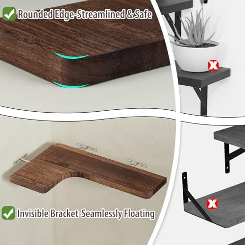 SAUMONIERES Corner Floating Shelves 24 Inch Wall Mount Shelf Solid Wood for Bedroom Bathroom Kitchen Storage Set of 2, R