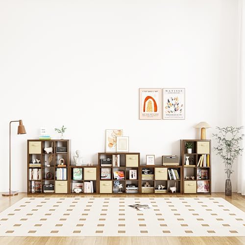 Bookshelf with Storage Bins, 9-Cube Storage Organizer Sturdy Wooden Bookcase Open Book Shelf, Multifunctional Cubicle Ra