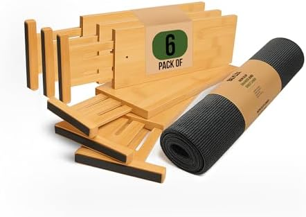 Bamboo Drawer Dividers 6 Pack with Non Slip Liner, Adjustable Expandable Drawer Organizer for Dresser, Kitchen, Bathroom, 4.5 Inch Tall Separators for Clothes, Fits 12 to 17.5 Inch Drawers
