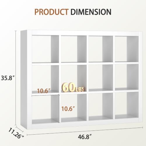 furtble 12-Cube Storage Organizer, Modern White Bookcase for Bedroom, Multifunctional Display Cube Bookshelf for Living 