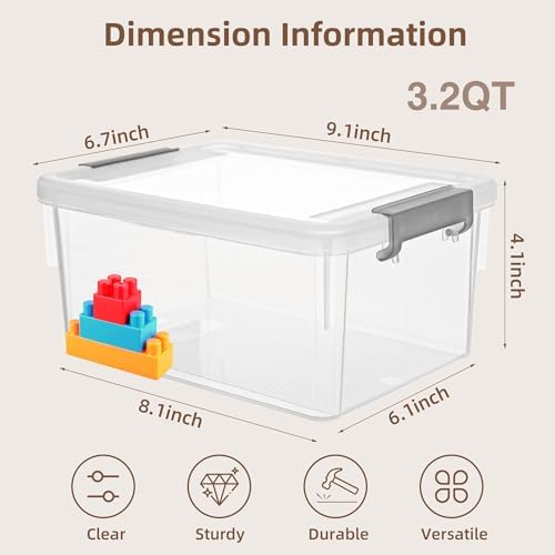 8Packs 3.2Qt Small Clear Storage Bins with Lids, Plastic