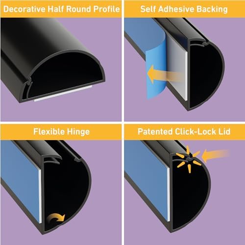 D-Line Half Round Cord Hider, Patented Cable Cover, Hide TV Wall Mount Wires, Raceway for Cords, Decorative Wire Covers,
