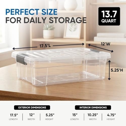 Superio 13.7 Quart Clear Plastic Storage Bin with Lid, Stackable Organizer Box, BPA-Free Storage Container for Home, Gar