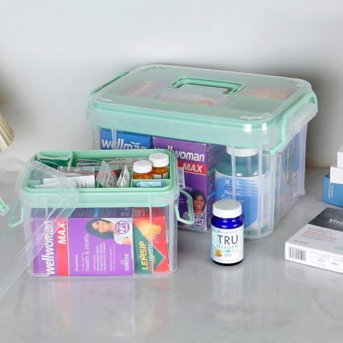 Set of 2 Medicine Organizer - Plastic Storage Box with Handle Green