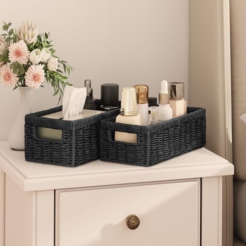 Vagusicc Wicker Storage Basket, Set of 2 Hand-Woven Paper Rope Wicker Baskets for Organizing Decor Storage Bins for Coun