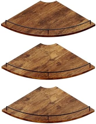 JJL Corner Shelf Wall Mounted, 12 Inches 3-Tier Floating Corner Shelf, Fan-Shaped Rustic Wood Decor with Fence, Brown St