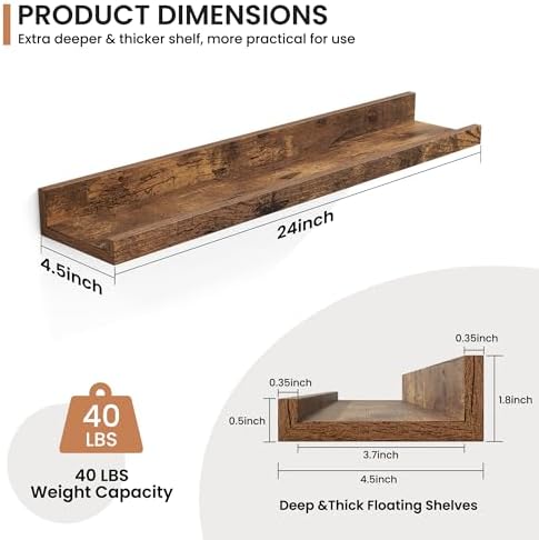 Fun Memories Picture Ledge Shelves Set of 2, 24 Inch Rustic Wall Mounted Floating Shelves with Lip for Home Storage and 