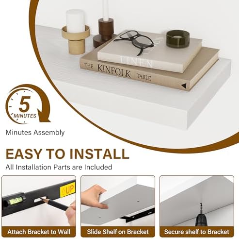 White Floating Shelves for Wall, 20"L Bathroom Shelf, 8" Deep Wall Shelf
