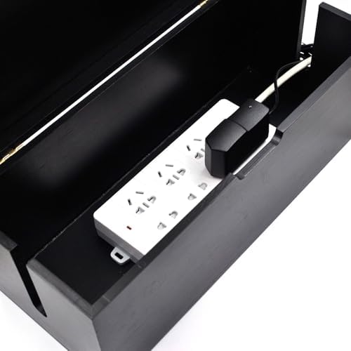15 Inch Bamboo Large Cable Management Box, Black Cord Organizer