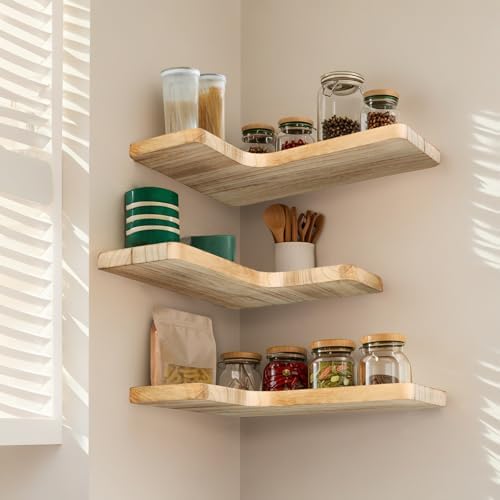 Floating Corner Shelves Set of 3, Solid Wood Picture Wall Shelf, Floating Shelves for Storage for Bedroom Kitchen Bathro