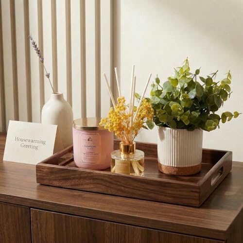 Perfume Plate Tray with Handle - Natural Bamboo Wood Display Tray for Dresser, Coffee Table, or Bathroom, 11.4x7.9 Inche