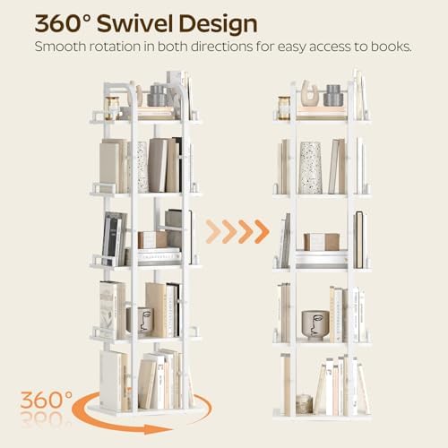 YATINEY 5 Tier Rotating Bookshelf, Freestanding Corner Bookshelf, 360 Spinning Bookcase Tower, Tall Industrial Style Org