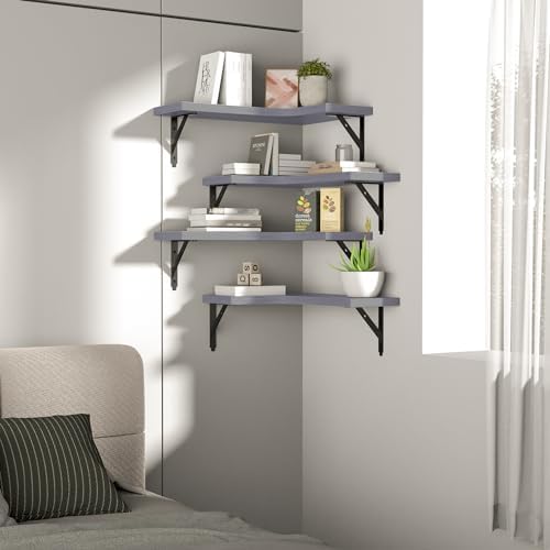ROMGUAR CRAFT Corner Floating Shelves Wall Mounted Set of 4, Light Grey