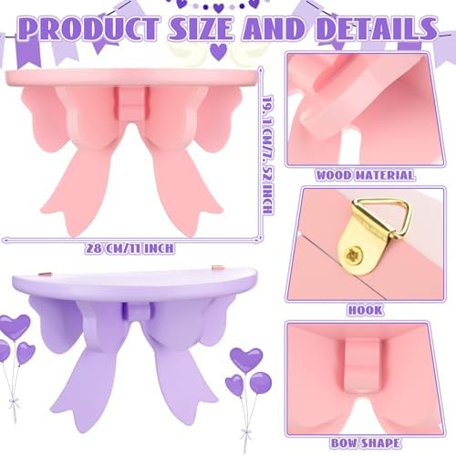 Pinkunn 2 Pcs Bow Floating Shelves Kawaii Shelf Book Stand, Pink,Purple
