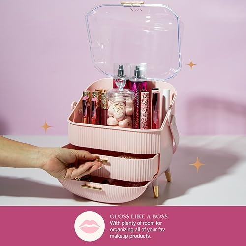 Paris Hilton Makeup Storage Organizer with Lid, Cosmetics and Skincare Organizer for Vanity, Portable Makeup Storage Box