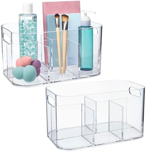 STORi Bliss 5-Compartment Plastic Cosmetics Storage Organizer, Set of 2 | Clear | Rectangular Divided Makeup Bin & Vanit