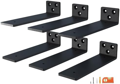 NEODROP 6-Pack 4 Inch Floating Shelf Brackets, Heavy Duty Hidden Shelves Bracket for Kitchen, Nursery, Black Powder Coat