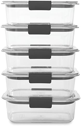 Rubbermaid Brilliance Food Storage Container, Medium, 3.2 Cup, 5 Pack, Clear & Leak-Proof Brilliance Food Storage Set, 1.3 Cup Plastic Containers with Lids, 5-Pack, Clear