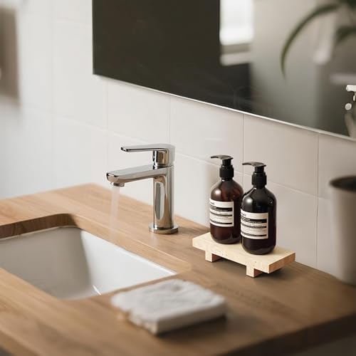 Natural Travertine Tray Pedestal Stand for Bathroom Countertop, 9" x 4" Stone Riser for Soap, Perfume & Candles, Waterpr