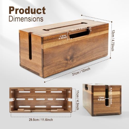 Acacia Cable Management Box, Cord Hider Organizer with Phone Stand, 12" L Cord Box for Power Strip, TV Wires & Desk Cabl