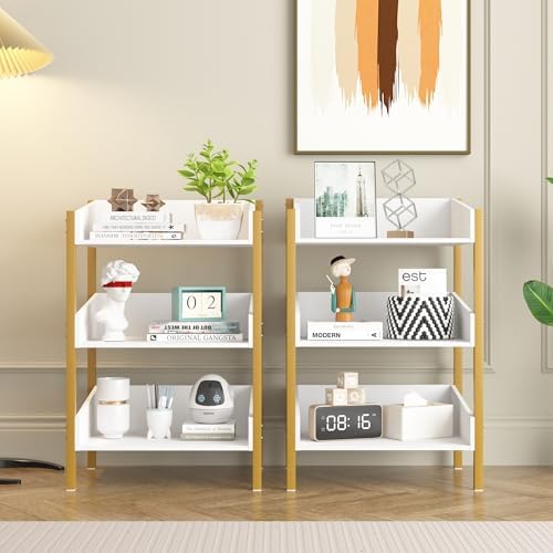 VECELO Bookshelf, Small Bookcase,3-Tier Storage Organizer,Wood Bookcase with Steel Frame,Shelving Unit for Living Room,C