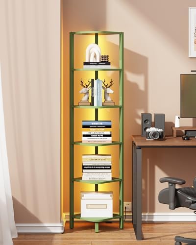 TUTOTAK Corner Shelf with LED Light, 6-Tier Corner Bookshelf