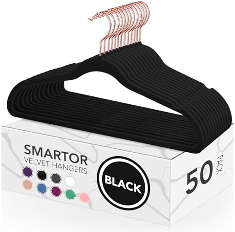 Smartor Black Velvet Hangers 50 Pack, Non Slip Rose Gold Hook Felt Hangers
