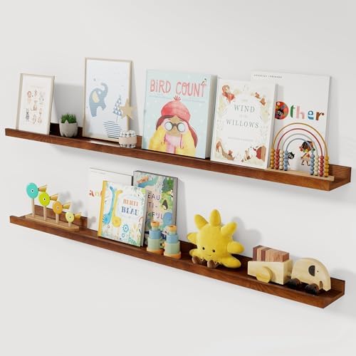 Acovy Solid Ash Wood Floating Shelves, 48 Inch, Walnut, Set of 2