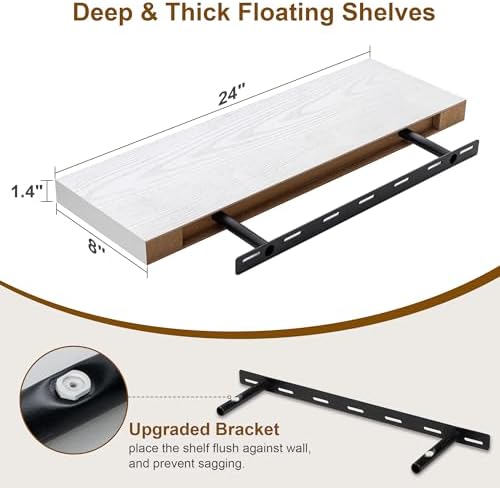 Fun Memories White Floating Shelves, 8 Inch Deep Wall Shelves Set of 2, Rustic Deep Shelves for Wall Storage, 24 x 8 Flo