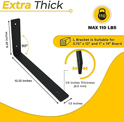 1/4" Thk Heavy Duty Shelf Brackets, 12.25" X 6.25", 4 Pack - Max. 110lb