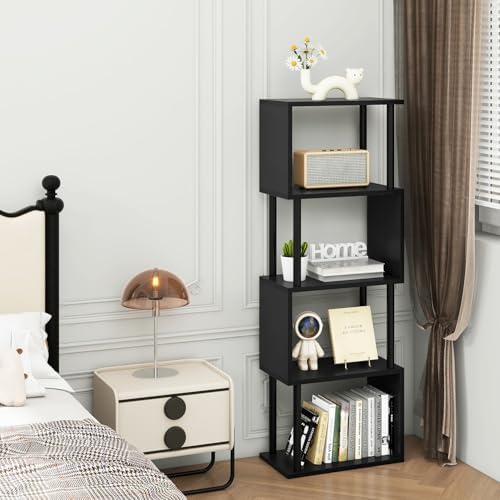 IBUYKE 5-Tier Tall Bookshelf,S-Shaped Geometric Bookcase,Black WBC015B