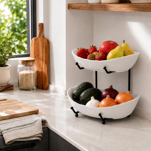 HBlife 2 Tier Fruit Bowl, Ceramic Fruit Basket for Kitchen Counter