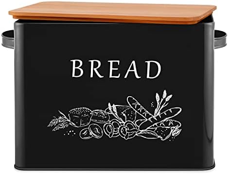 E-far Bread Box, Metal Bread Storage Container Bin with Bamboo Lid, Black