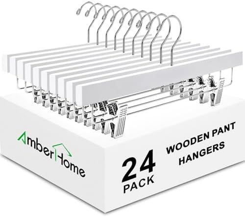 Amber Home 24 Pack White Wooden Pants Hangers with Adjustable Clips, 14"