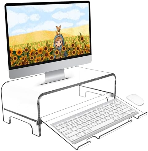 AMT 2 Tier 5.7 Inch High Acrylic Laptop Monitor Stand & Computer Riser with Cat Keyboard Protector, Space-Saving Design,